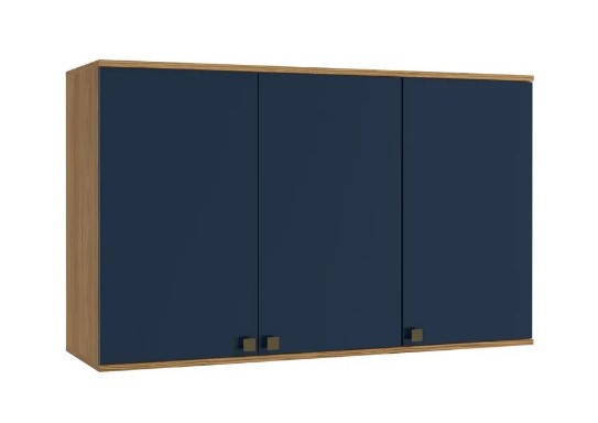 Image of Armário Aéreo Celeste Kappesberg 100% MDF 3 Portas Nogueira/Azul 120cm